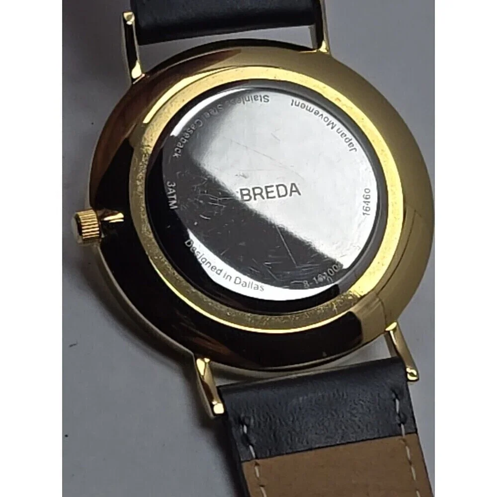 Breda Gold White Dial Quartz Unisex Watch Black Leather Strap New Battery Dallas